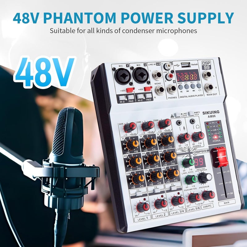 SIKUING 6 Channel Audio Mixer Professional Sound Board Console w/99 DSP Effects 48V Phantom Power Bluetooth USB Interface Stereo DJ Mixer Board for Karaoke Live Performance DJ Stage - Image 5